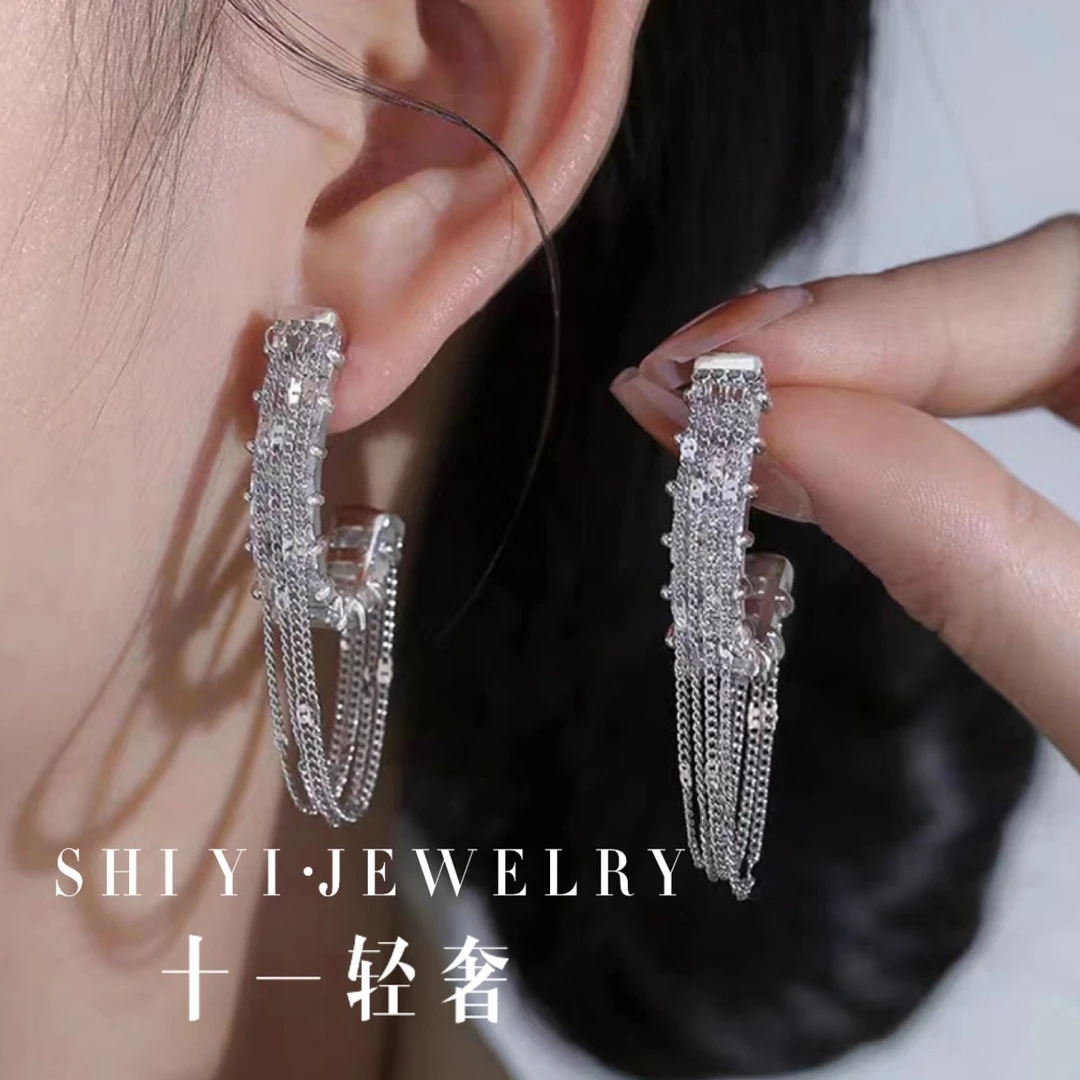铜合金合成锆石耳饰 Shiyi/【缠绵】设计感小众时尚流苏耳环