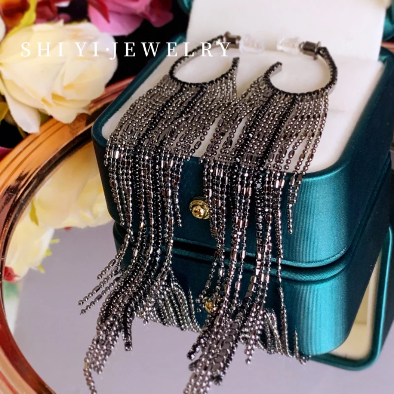 铜合金玻璃耳饰 ShiYi万种风情 925银针精品流苏耳环时尚气质夸张