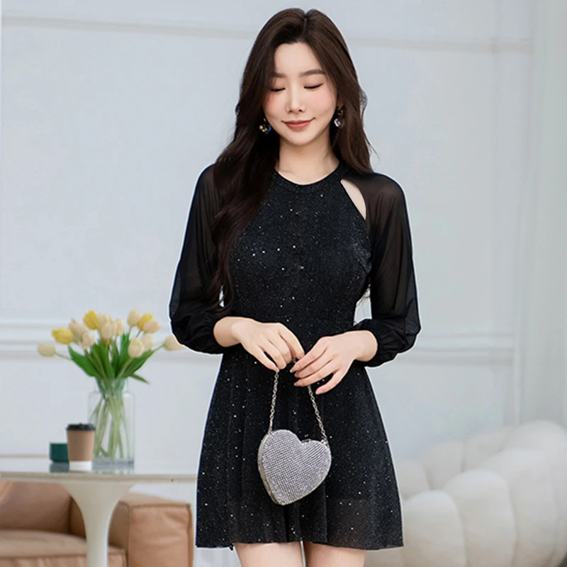 【银丝细闪】温泉长袖连体泳衣女保守显瘦遮肚时尚性感平角女士泳装