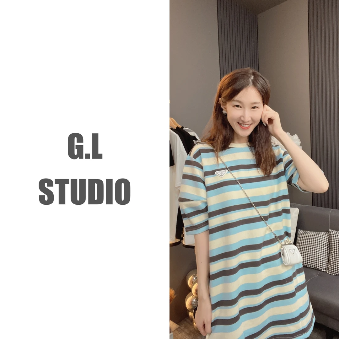 【法式条纹】宽松百搭美式休闲半袖短裙小众潮流条纹长款 T 恤裙