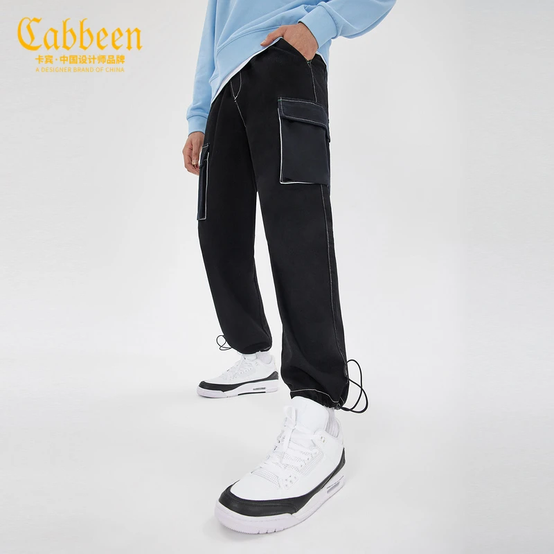 CABBEEN卡宾男装黑色牛仔长裤秋冬潮流工装风反光明线3214116039