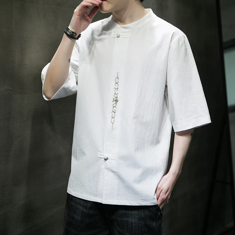 亚麻短袖t恤男薄款衬衫中国风男装夏季中式唐装大码半袖棉麻衣服