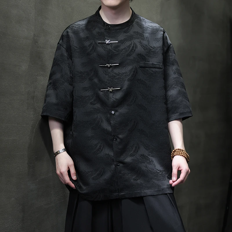 冰丝唐装男士夏季薄款中国风男装古风宽松大码新中式国潮短袖衬衫