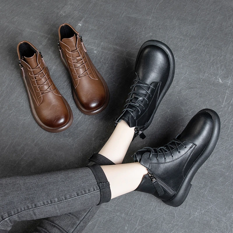 大码马丁靴女秋冬软底小短靴平底2024单靴橡胶底复古加绒低帮皮鞋