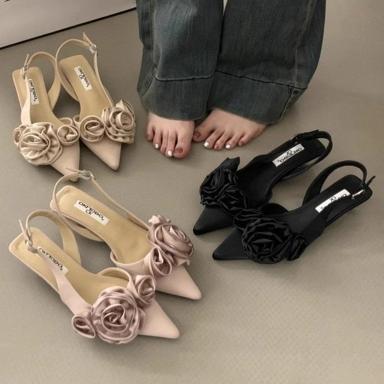 国潮品质尖头法式花朵包头凉鞋女2024春季新仙女风高跟鞋气质单鞋