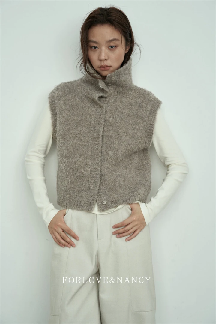 【南希】41290 秋冬韩系简约单排扣立领针织开衫马甲