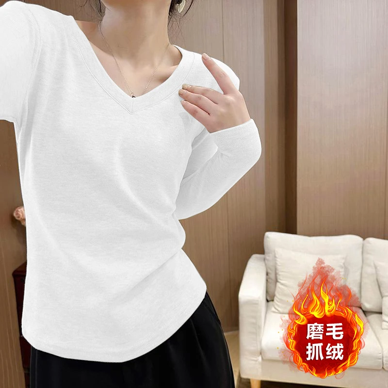 J秋冬磨毛绒衫大码女装显瘦正肩v领韩系宽松遮肚藏肉长袖打底上衣