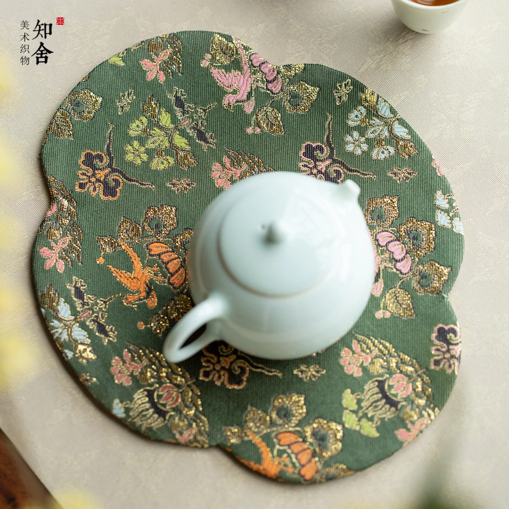 瑞彩玄鸟纹织锦壶承茶垫中式复古宫廷手工双层海棠如意隔热垫