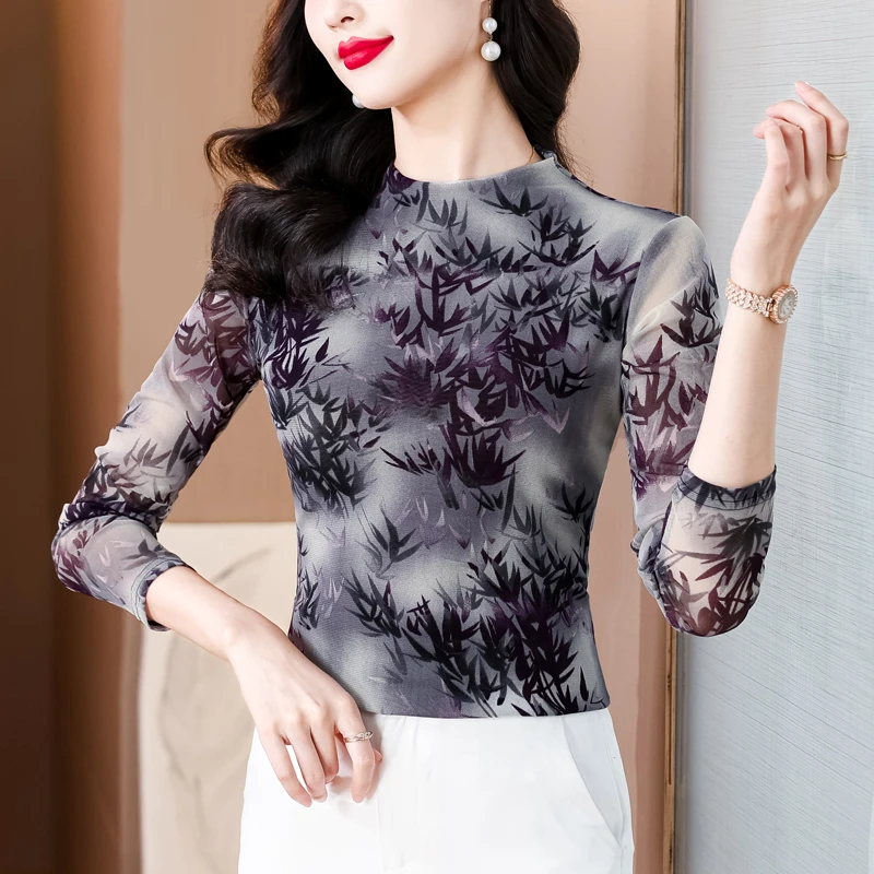 时尚网纱印花半高领内搭打底衫女秋2024新款修身显瘦长袖t恤上衣