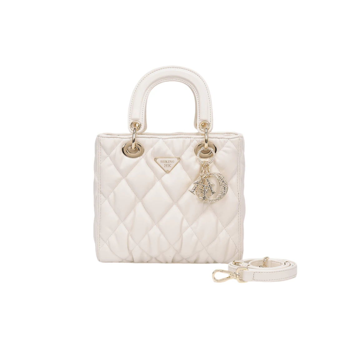 【22*10*18cm】白色时尚经典单肩戴妃包四格菱格盒子包