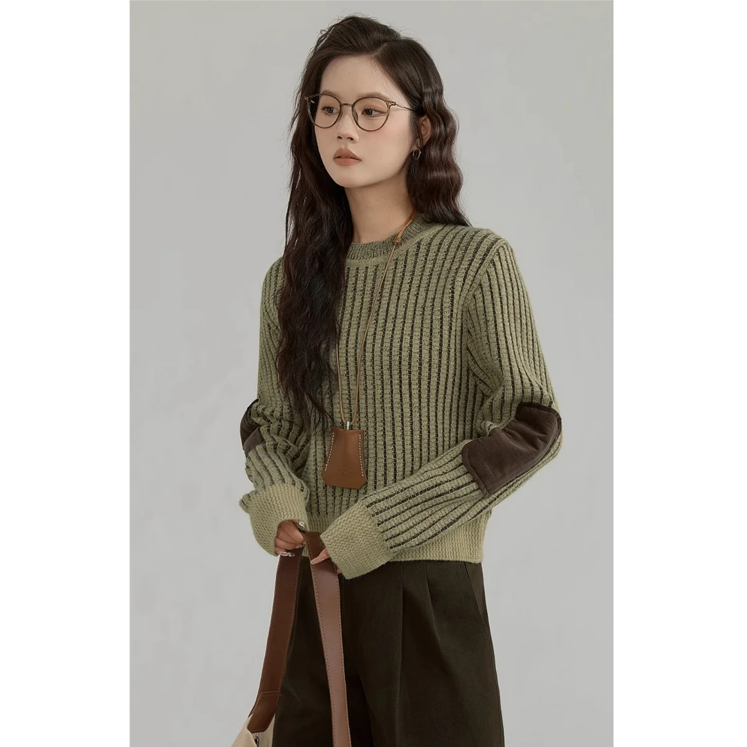 GUIER/桂儿美拉德条纹针织衫女灯芯绒拼接修身显瘦长袖上衣26599