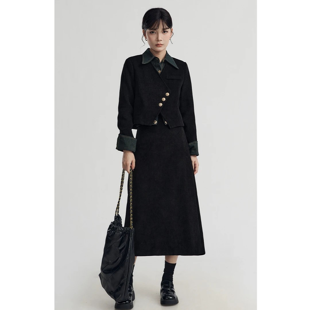 GUIER/桂儿假两件灯芯绒外套女高腰显瘦a字半身裙套装两件套G4057