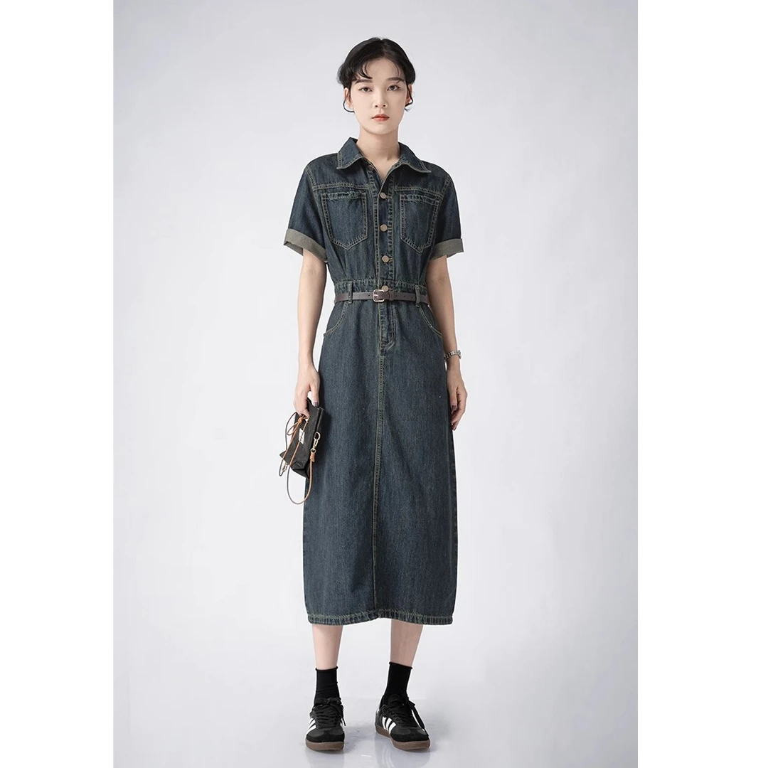 GUIER/桂儿「经典复古」翻领牛仔连衣裙修身收腰显瘦气质中长裙7873