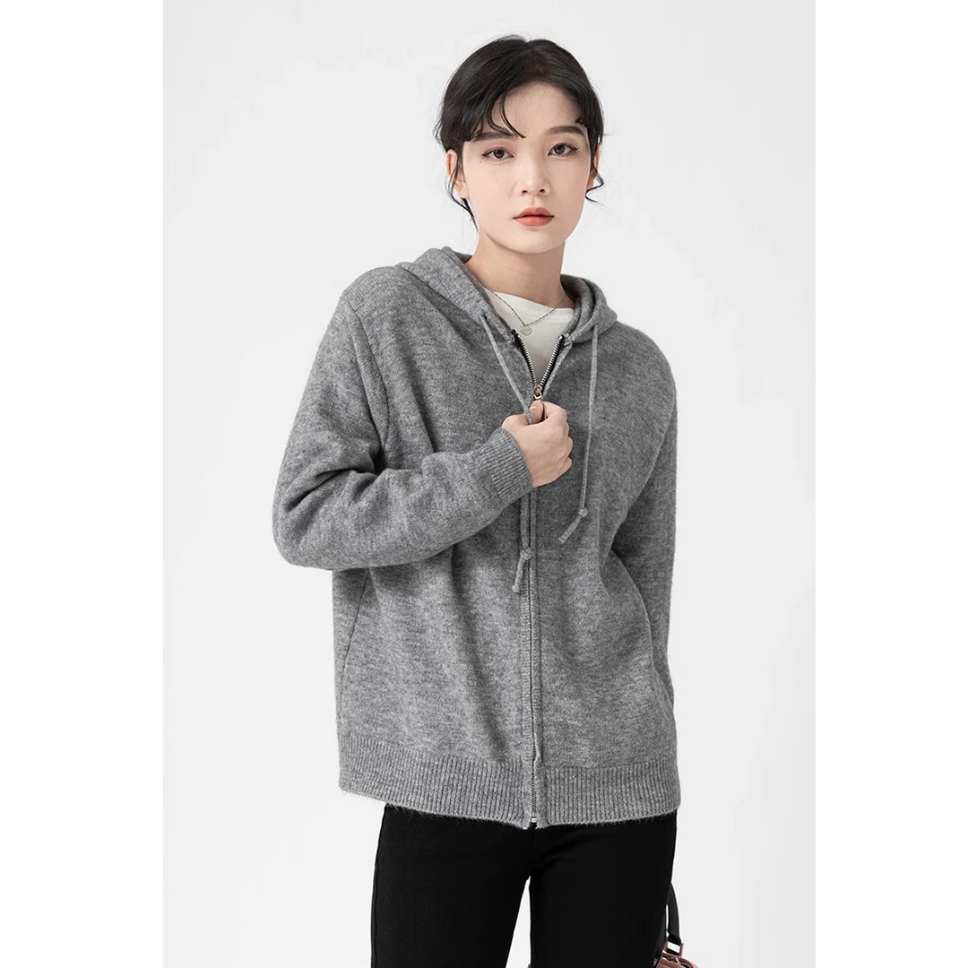 GUIER/桂儿连帽针织衫毛衣女春修身显瘦百搭灰色开衫外套上衣8524