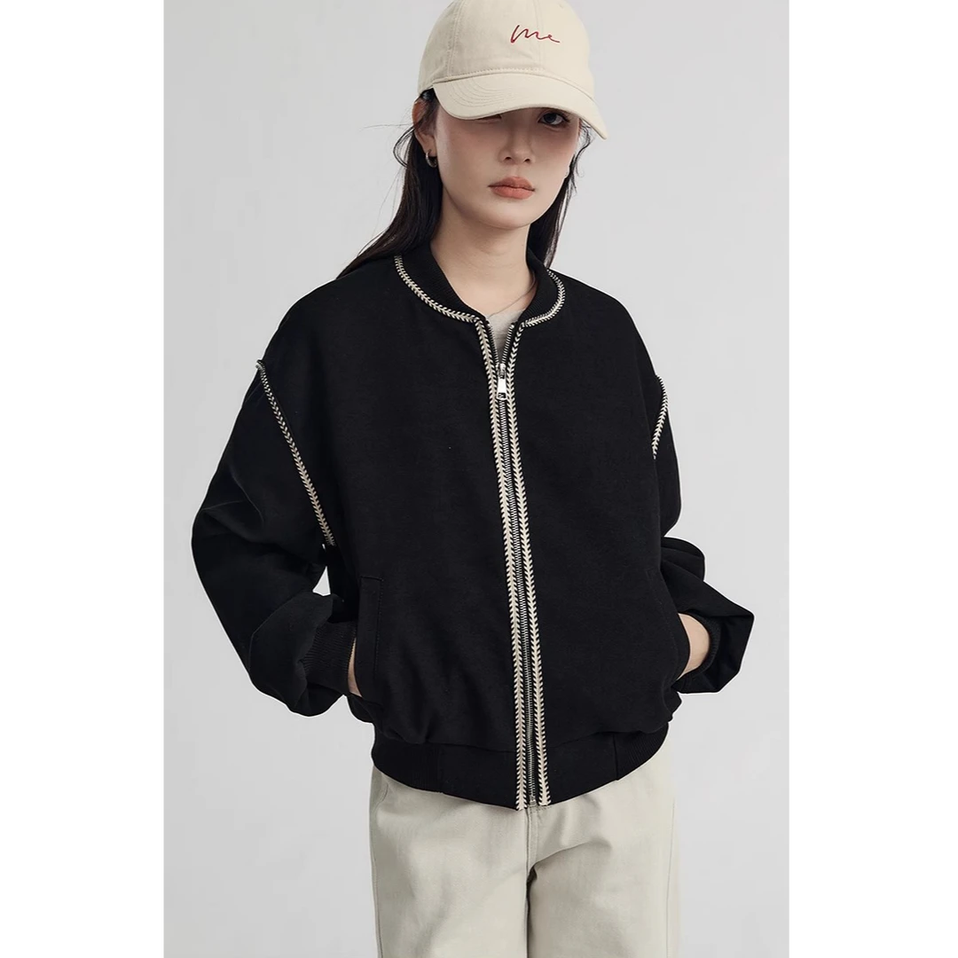 GUIER/桂儿黑色棒球服外套女时尚百搭宽松显瘦长袖休闲上衣G4148