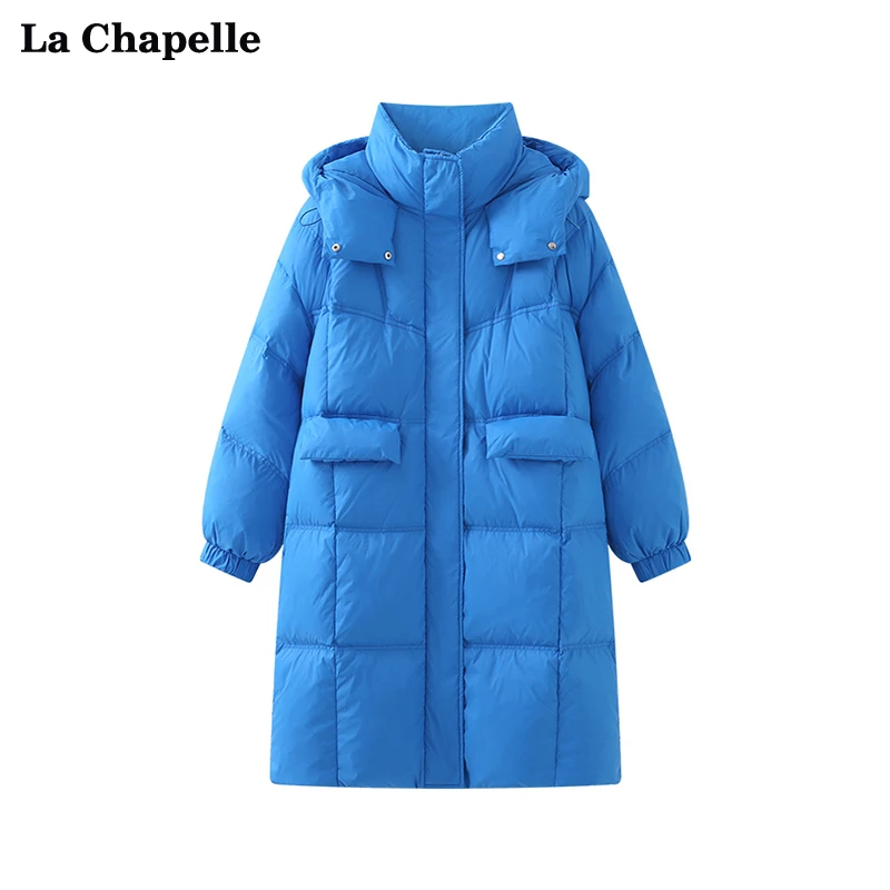 拉夏贝尔LaChapelle冬季新款纯色连帽抽绳大被子长款羽绒服外套