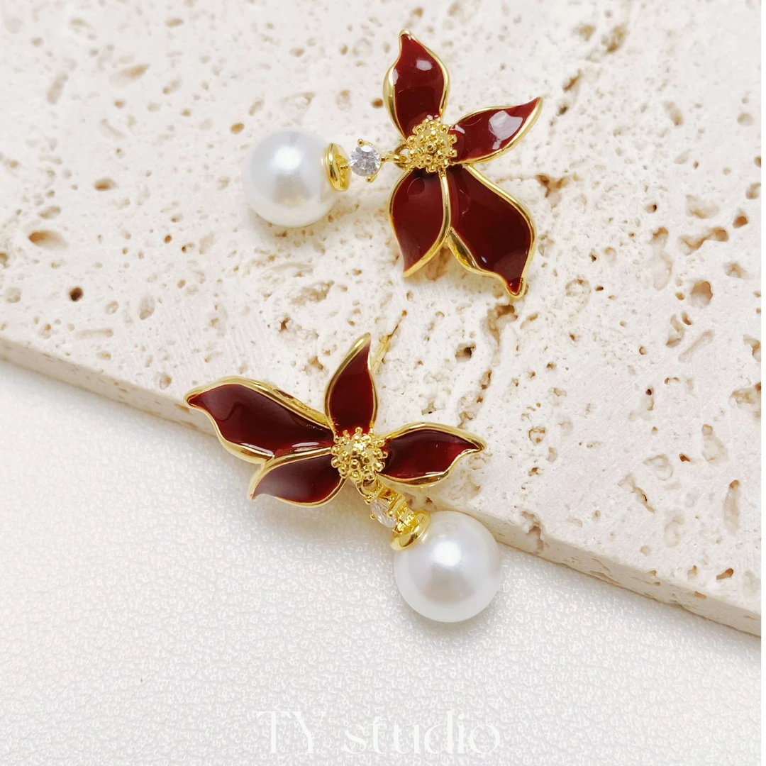 铜合金珐琅耳饰 铜合金 珐琅滴釉花朵耳环（925银针）E-65921444