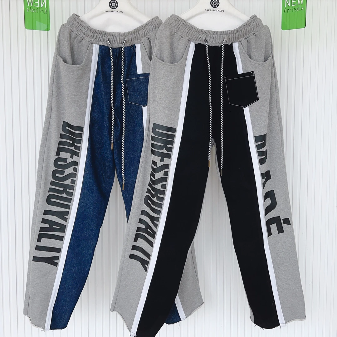 DR韩国设计师品牌卫裤洋气韩版休闲裤牛仔裤运动拼接D0381