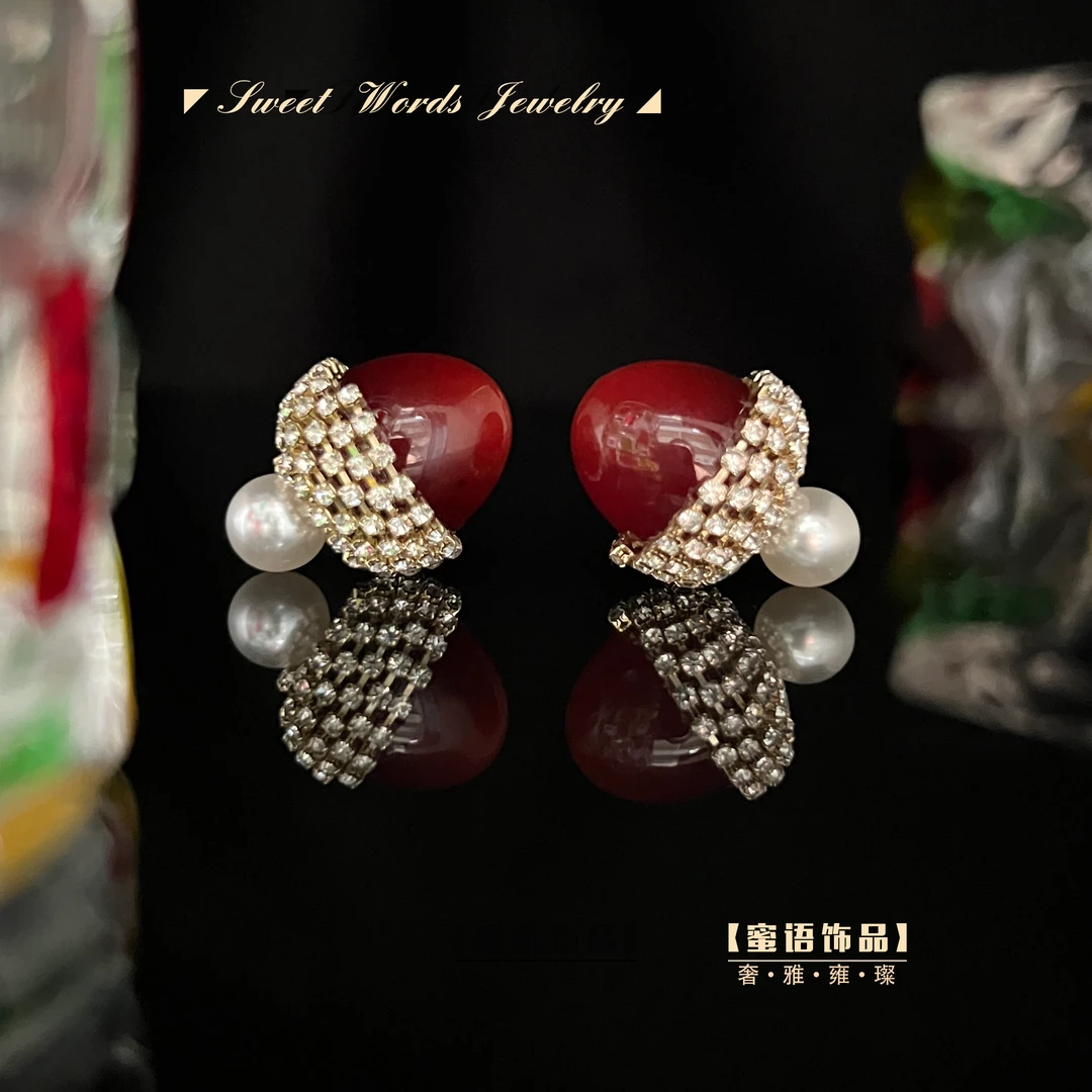 铜合金耳饰 R1【邂逅巴黎】 复古百搭安可拉红蕾丝镶珍珠时尚耳环