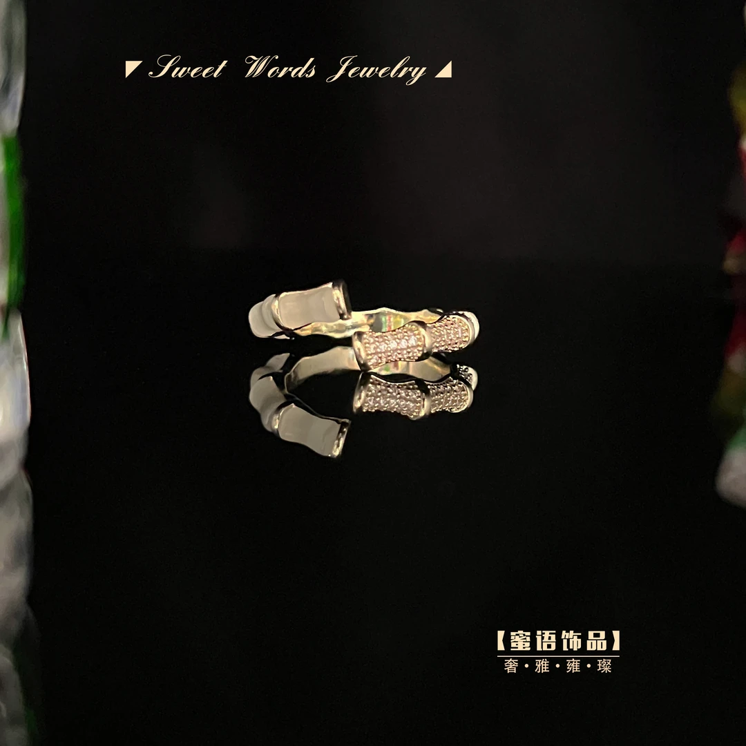 铜合金戒指 J6【节节高升】轻奢时尚白猫眼石竹节满镶百搭开口戒指