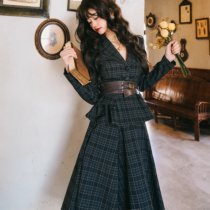 弥爱《雾都诗集》英伦复古格纹收腰裙摆式西装长裙套装早春新