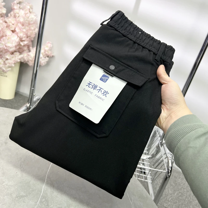 绒面内里一线撤柜男裤黑色松紧腰休闲裤男春秋款弹力小直筒运动裤