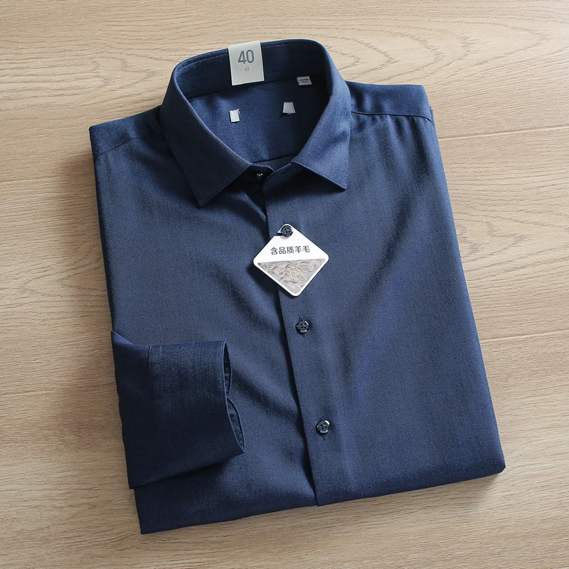 31%绵羊毛藏青男士长袖衬衫抗皱纯色商务通勤中年男人休闲衬衣
