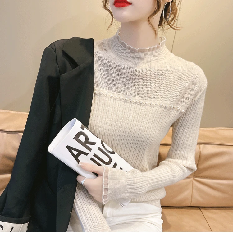 半高领针织衫女打底衫薄款2023秋季时尚韩版钉珠长袖修身弹力衫