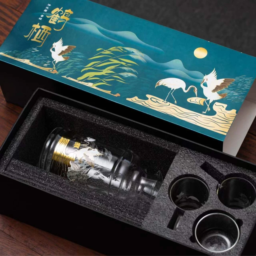 九河之间鹤栖高档带盖玻璃水杯凉水壶套组玻璃杯创意家用礼盒装