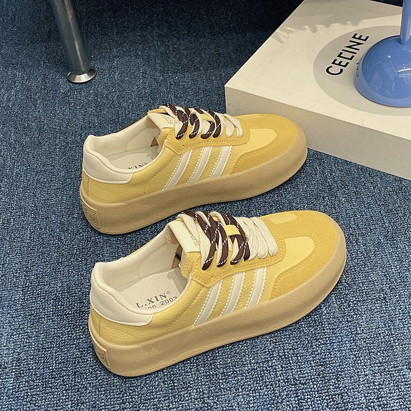 厚底舒适高级感德训鞋系带运动休闲鞋百搭蓝色粉色黄色板鞋潮女鞋