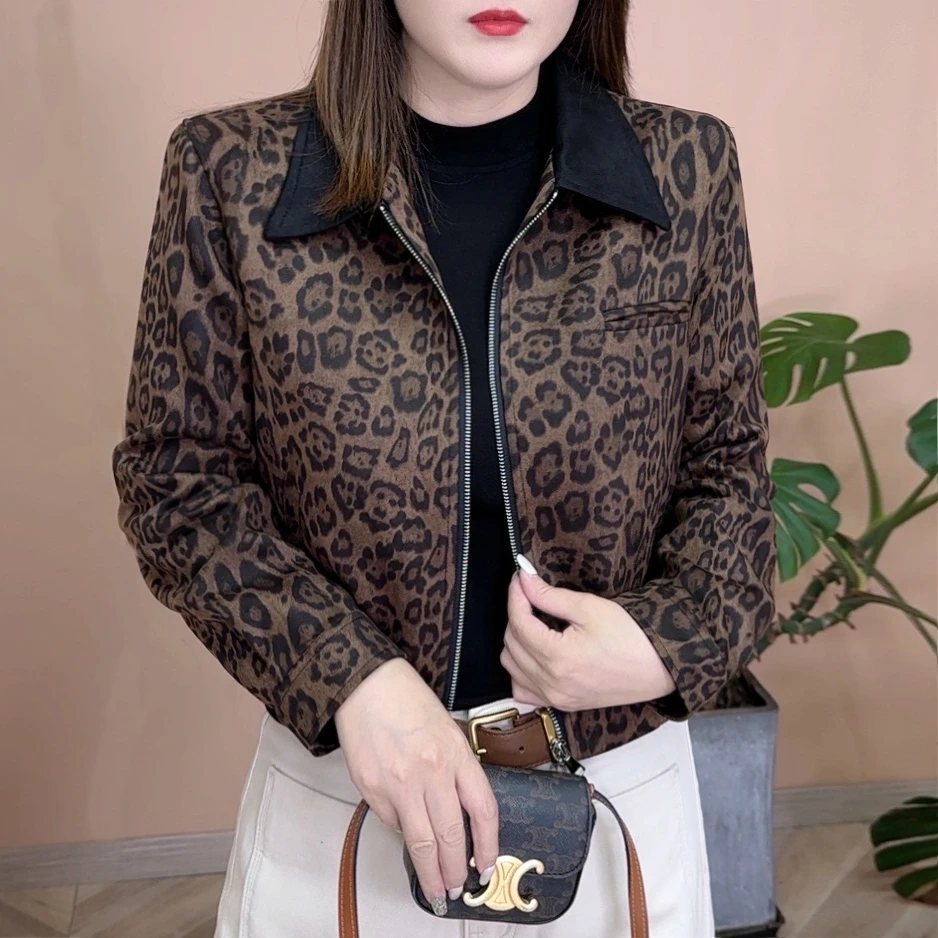 2024秋季新品时尚百搭显瘦休闲修身女士豹纹女士拉链外套上衣7646