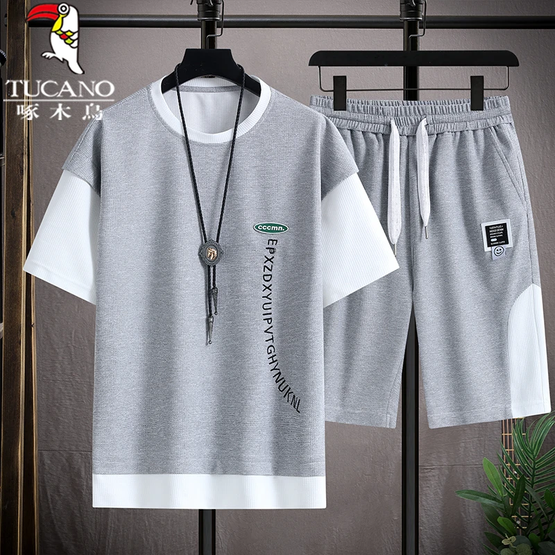 啄木鸟品牌休闲套装男夏季薄款青少年潮流帅气一整套男生短袖衣服