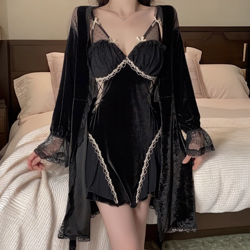 带胸垫性感睡衣冬季保暖甜美诱惑性感蕾丝柔纱丝绒吊带睡裙睡袍女