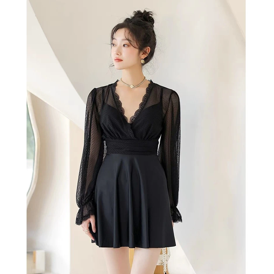 大码显瘦气质遮肚泳衣女胖mm长袖防晒温泉性感连体裙式蕾丝网纱