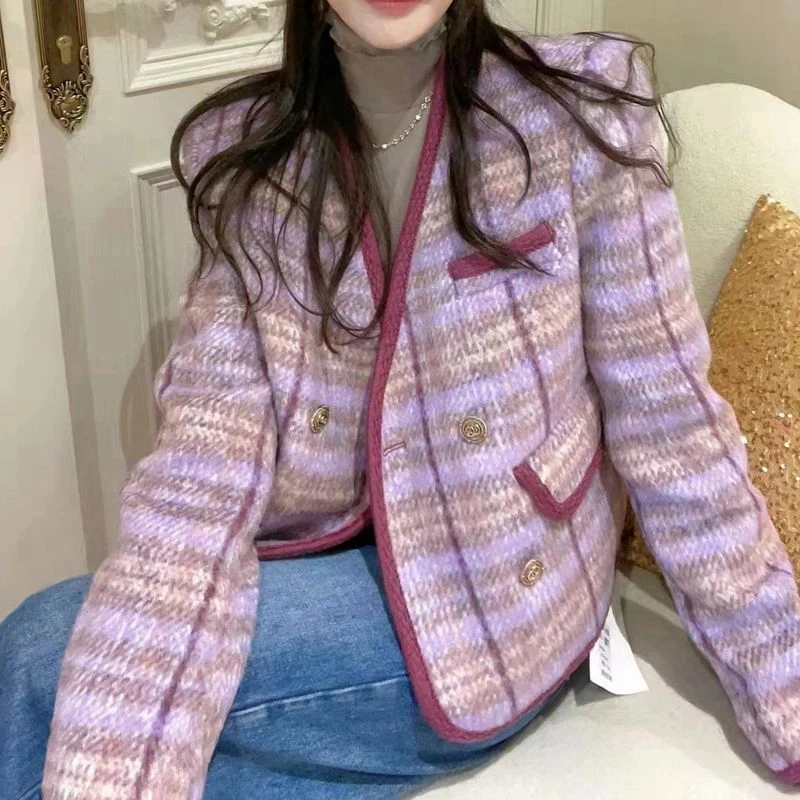 22272小香风千鸟格外套长袖女2022冬新款韩版高级感甜美V领上衣