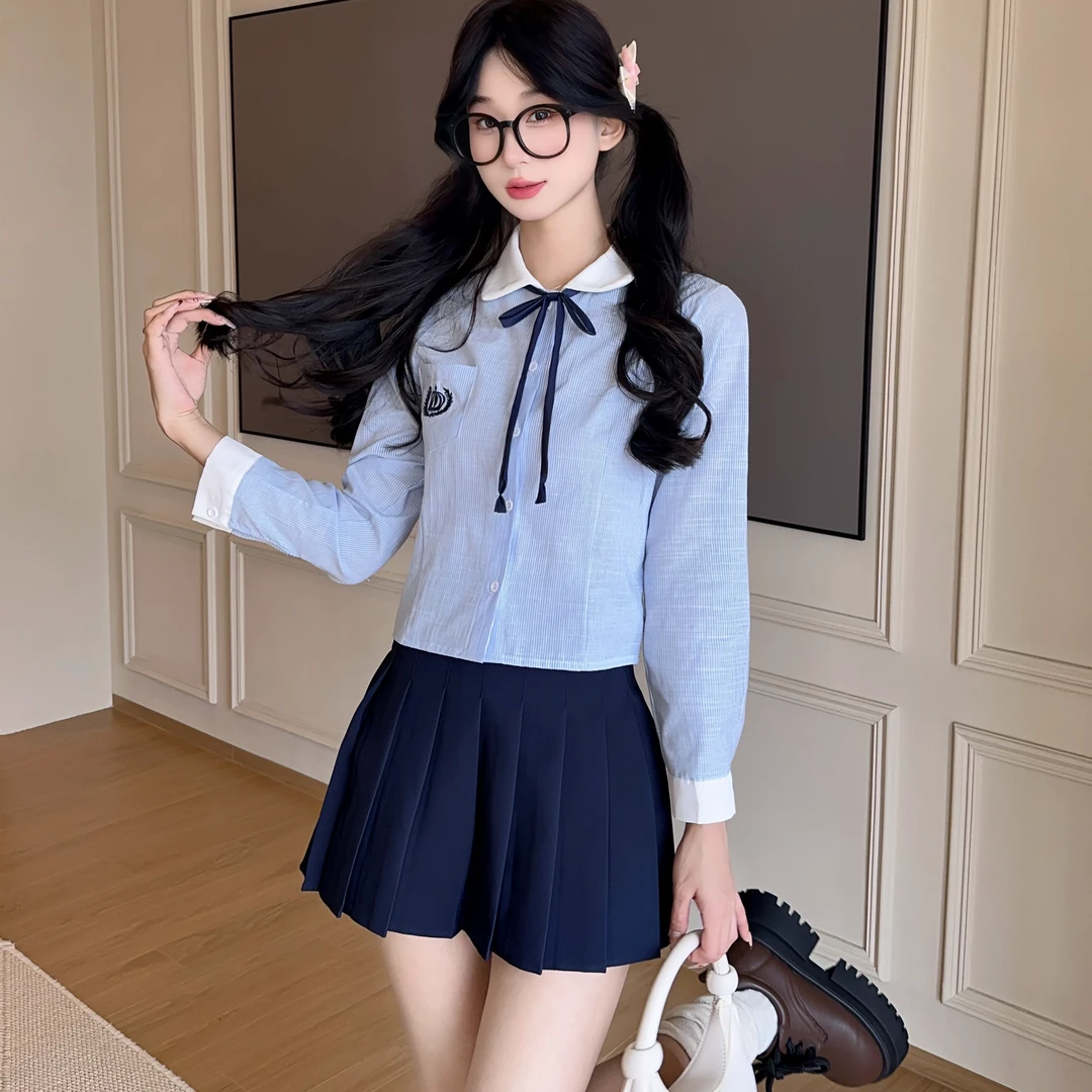 蓝色学院风衬衫百褶裙套装女高级感jk上衣短裙春秋气质长袖两件套