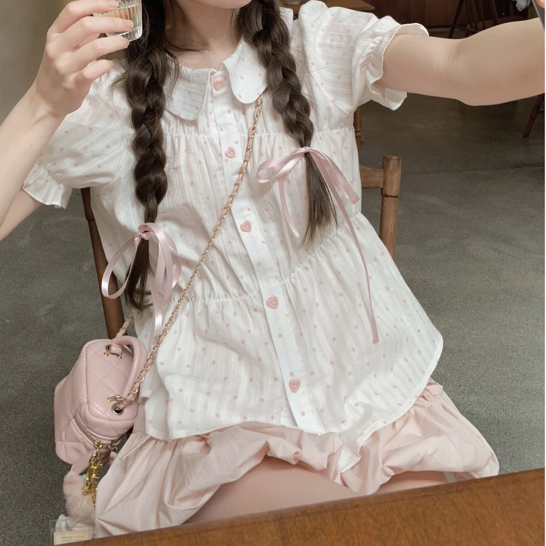 甜妹套装新款爱心扣日系波点衬衫上衣女甜美夏季粉色花苞裙两件套