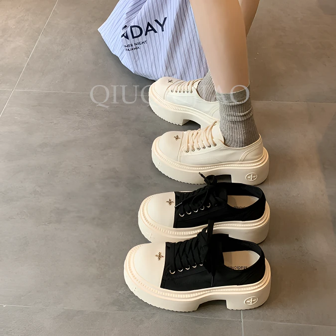 纯手工德比鞋十字花厚底帆布鞋女春秋增高松糕单鞋英伦大头小皮鞋