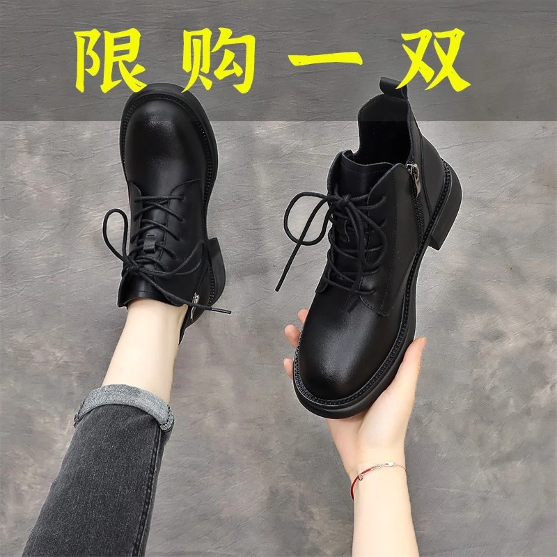 黑色百搭加绒中跟沿荐跟高3.5真皮马丁靴女秋冬新款女鞋短靴
