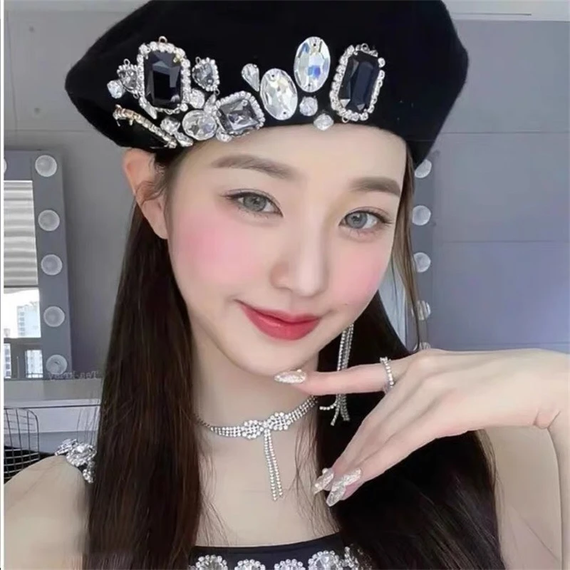 cnorahk 贝雷帽秋冬复古手工自制水钻帽子韩国女团同款八角帽百搭