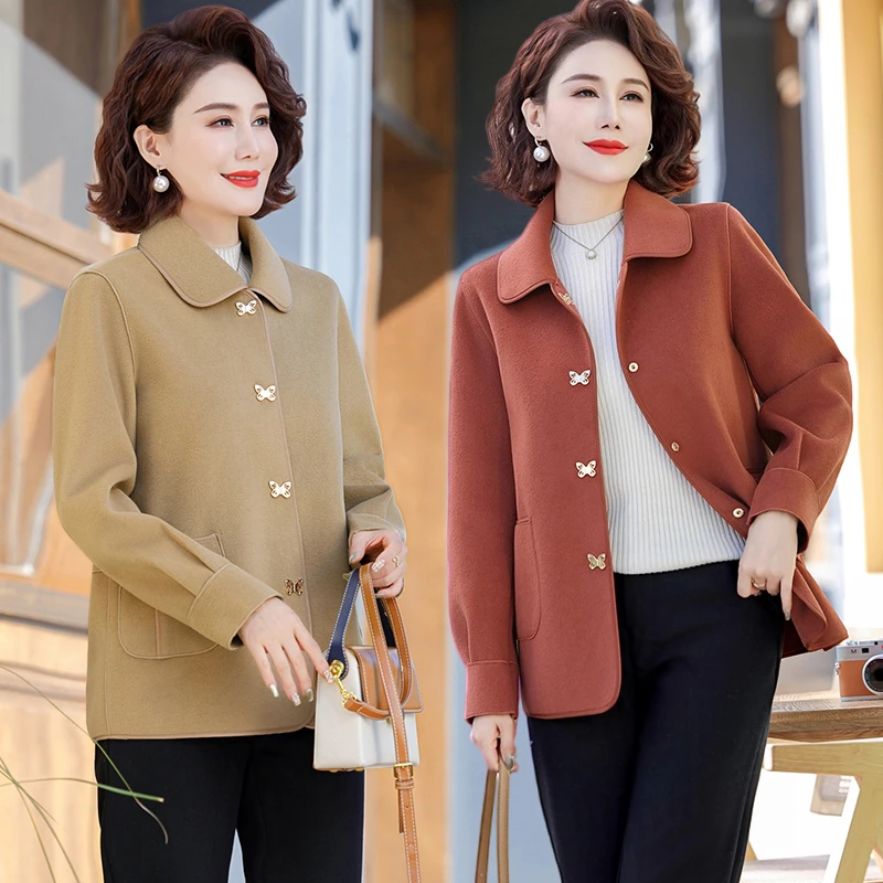 中年妈妈春装双面呢子翻领外套短款中老年女装春秋洋气毛呢小西装