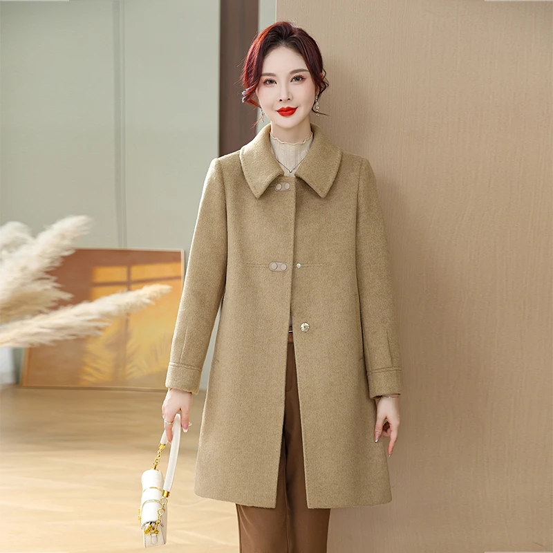 中老年女双面呢大衣中长款秋冬大码宽松妈妈装双面绒中年毛呢外套