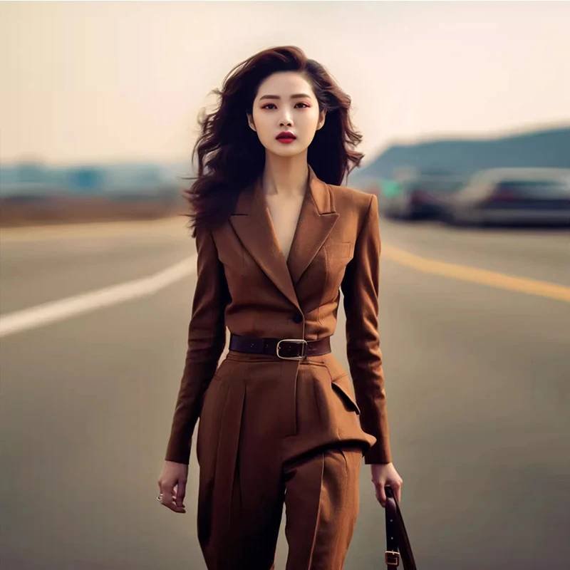 独特超好看棕色西装连体裤女春秋气质女神范连衣裤新款休闲韩版