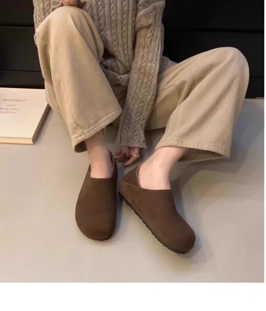 复古百搭勃肯鞋女2024年新款厚底包头半拖懒人一脚蹬加厚绒拖鞋子