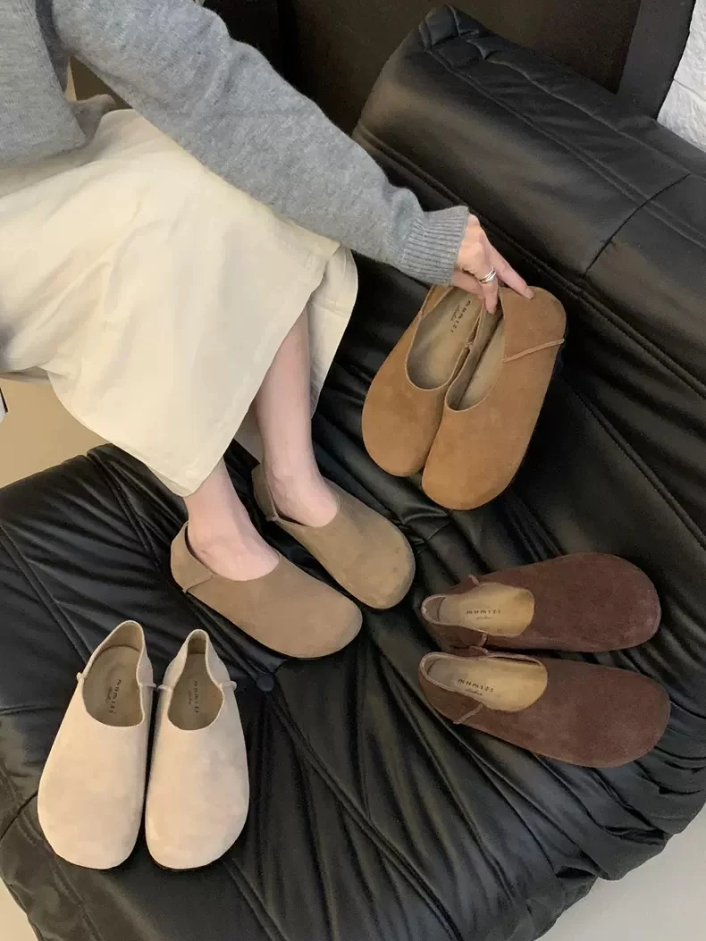 复古圆头一脚蹬厚底单鞋女2024春秋新款两穿勃肯鞋真皮软底豆豆鞋