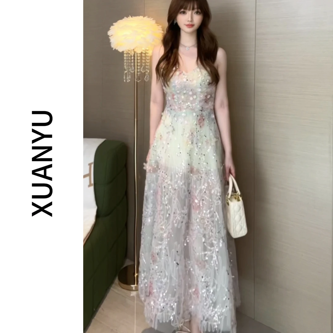 XUAN/【薄荷之夏】重工网纱刺绣蕾丝吊带连衣裙女高级感轻奢长裙