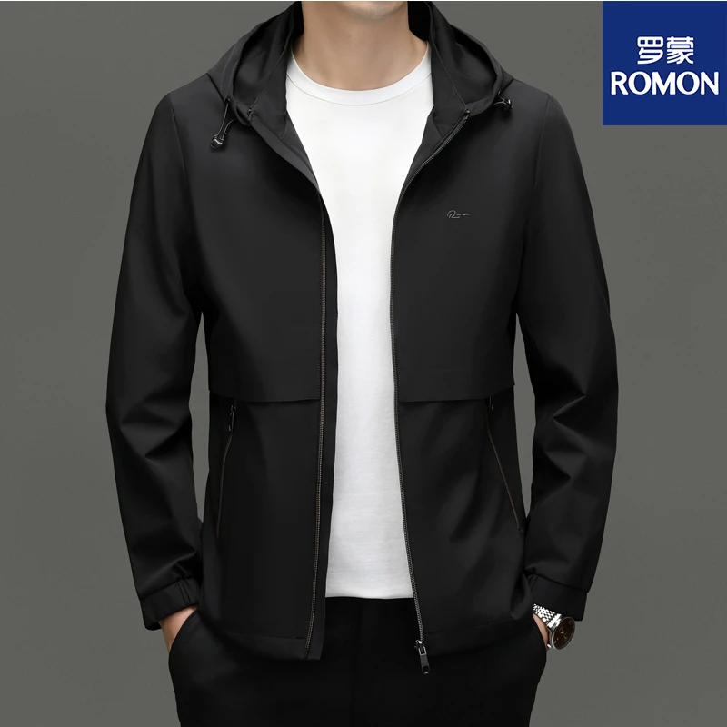 Romon/罗蒙春季牛奶丝夹克男士休闲纯色拆帽防风男装外套JK007