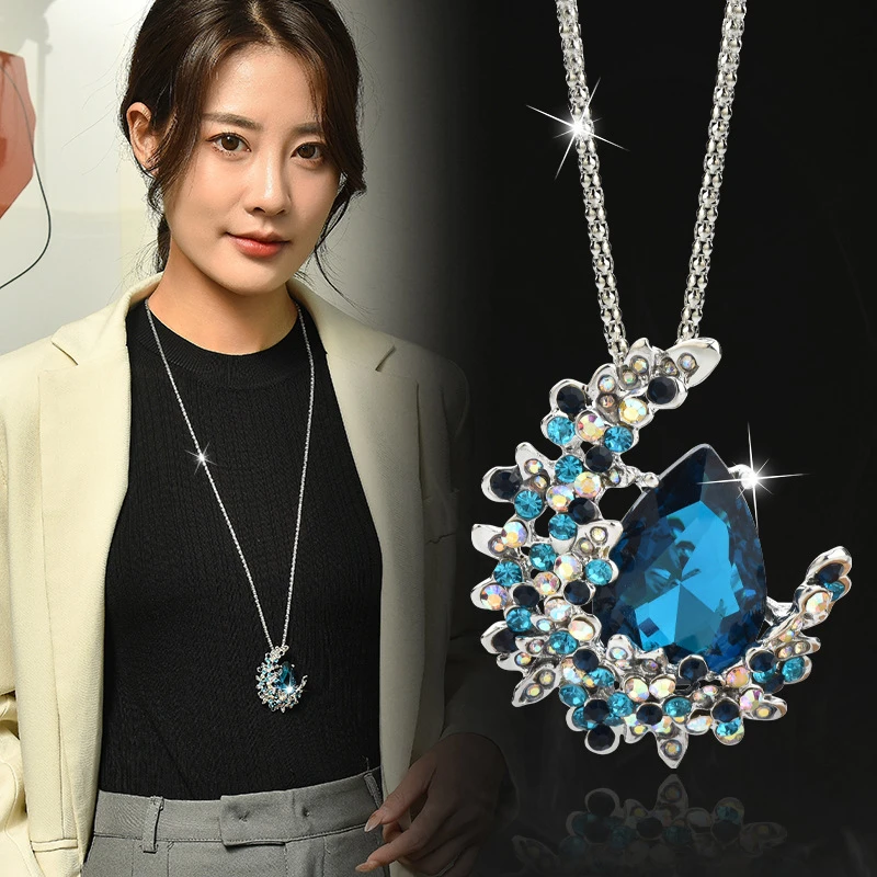 铜合金项链 新款蓝水晶镶钻长款毛衣链女月亮吊坠百搭项链配饰