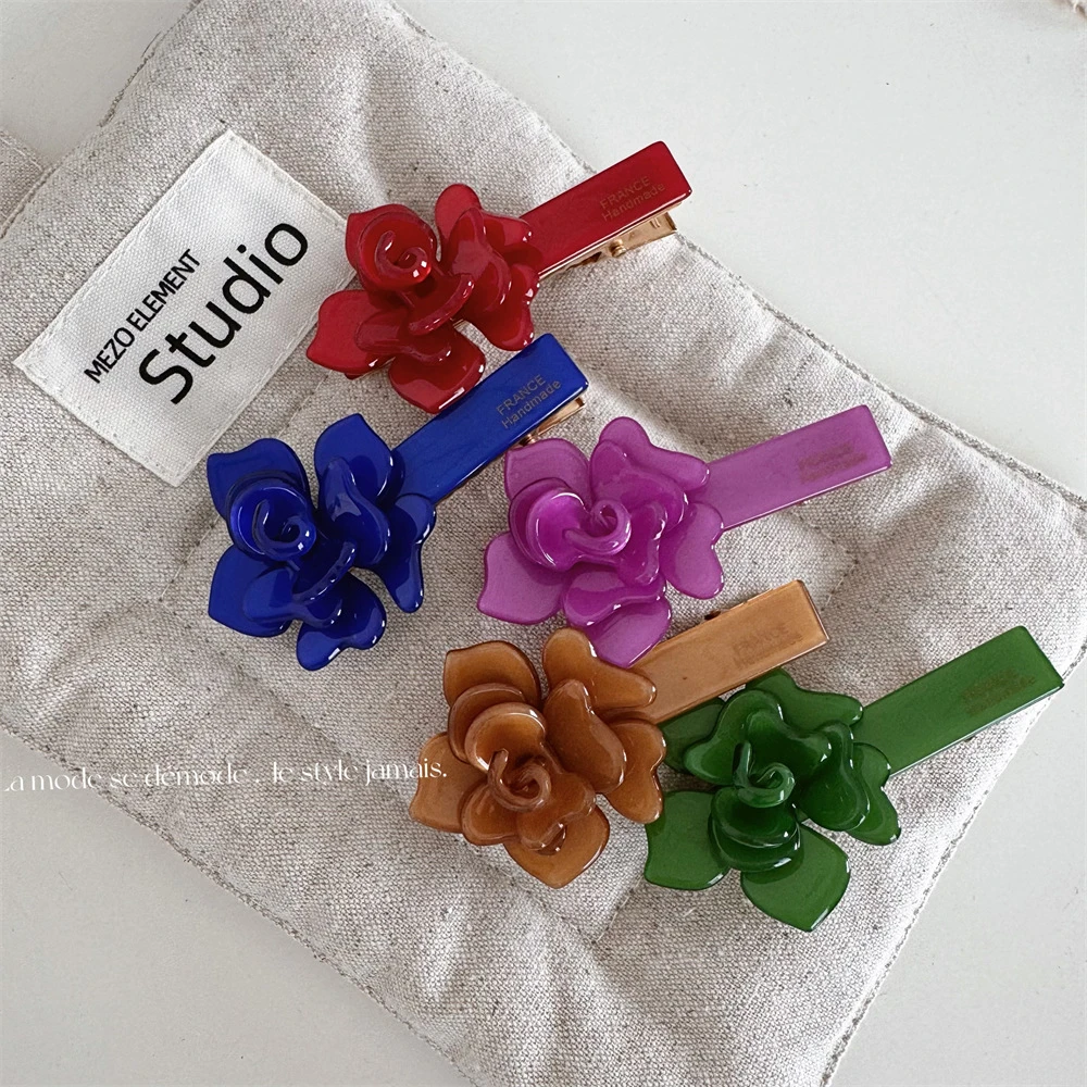法式佩妮纯色花朵发夹醋酸质感侧边刘海夹鸭嘴夹新款发饰头饰