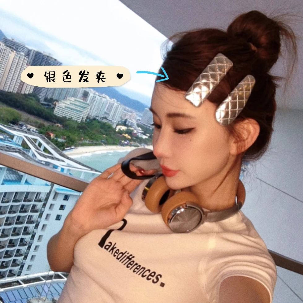 韩版个性银色PU皮菱形格简约百搭秋冬侧边夹刘海夹BB夹气质潮流女